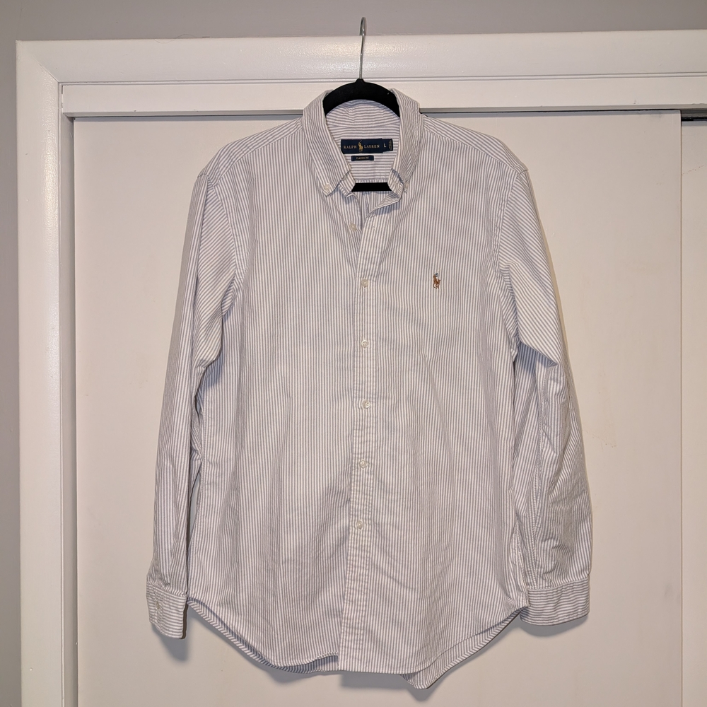 Ralph Lauren Men's Light Blue and White Striped Button-Down Shirt
